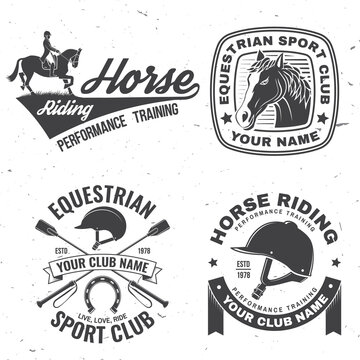 Set of Horse racing sport club badges, patches, emblem, logo. Vector illustration. Vintage monochrome equestrian label with rider and horse silhouettes. Horseback riding sport. Concept for shirt or