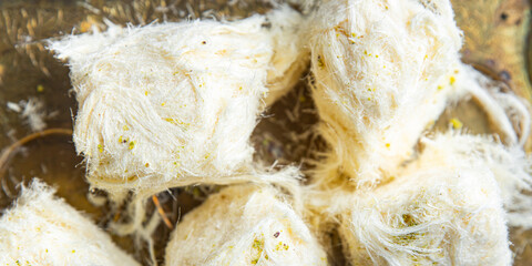 pismaniye cotton candy turkish sweets nut pistachio dessert sweet meal snack copy space food background 