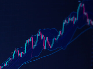 A defocused candlestick chart with an indicator showing an uptrend or downtrend in stock market or online stock trading, investment and financial concepts