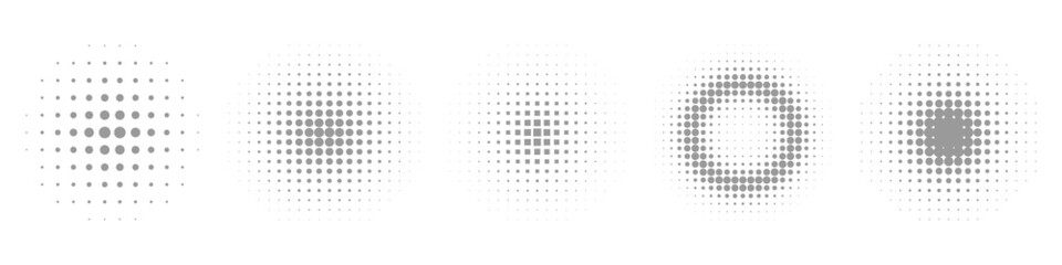 Set of Halftone Gradient Circles Backgrounds. Geometric Fade Pattern. Round Gradient Black and White Circle Texture. Raster Round Retro Dots. Isolated Vector Illustration