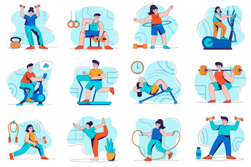 Fototapeta premium Fitness concept isolated person situations. Collection of scenes with people exercise at gym, doing weightlifting, cycling, doing yoga or jumping rope. Mega set. Vector illustration in flat design