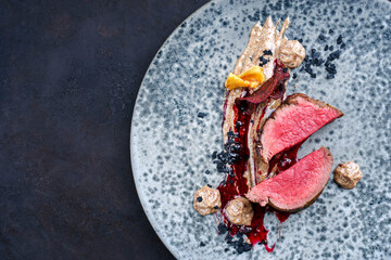 Modern style traditional barbecue dry aged angus beef tenderloin steak natural with mushroom mousse...