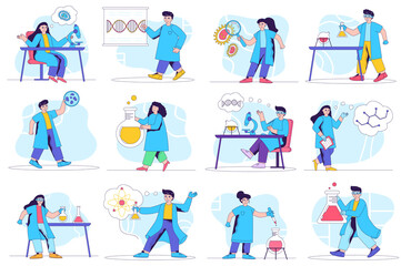 Laboratory concept isolated person situations. Collection of scenes with people make lab tests, study viruses and molecules, make scientific discoveries. Mega set. Vector illustration in flat design