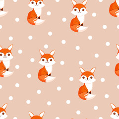 Seamless pattern with cute fox and decorative polka dots. Texture with animals for textiles, wallpaper or print design. Vector illustration.