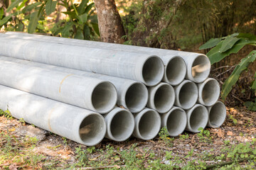 Concrete Drainage Pipe on a Construction Site.  Concrete drainage pipes stacked for construction....