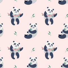 cute vector panda seamless pattern. Cartoon panda bears with bamboo for kids on pink bakground illustration