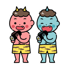 恵方巻を食べる赤鬼と青鬼のイラスト