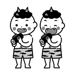 恵方巻を食べる赤鬼と青鬼のイラスト／白黒　モノクロ