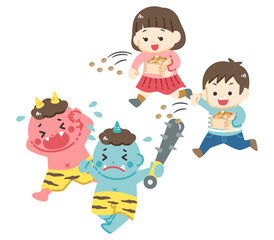 節分の豆まきをする子供と逃げる鬼のイラスト