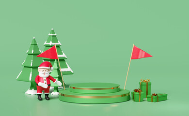 Santa claus with gift box,christmas tree,cylinder stage podium,space,flag isolated on green background.website,poster or Happiness cards,festive New Year concept,3d illustration or 3d render