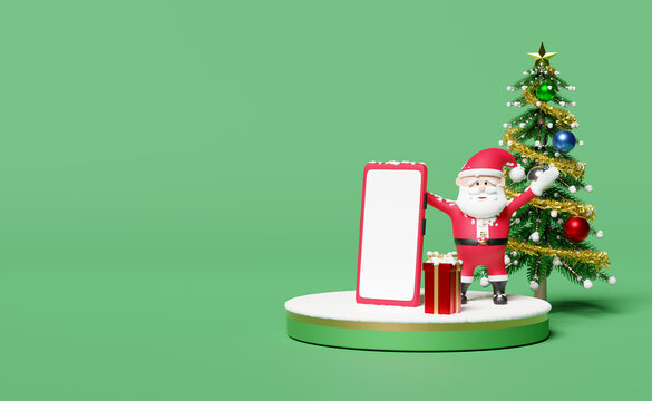 red mobile phone or smartphone and podium with Santa claus,christmas tree,gift box,snow isolated on white.online shopping,website,banner,festive new year concept,3d illustration or 3d render