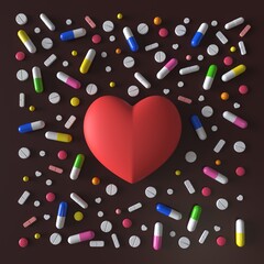 Red toy heart surrounded by pills of different shapes and colors. Love pills. 3d rendering
