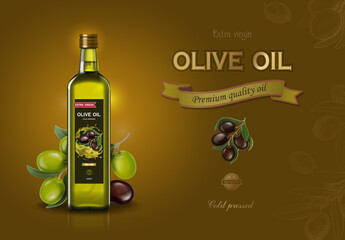 Olive oil advertising. Bottle of oil with olive branch 3d illustration vector