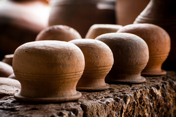Clay pots used for cooking purpose for sale. - obrazy, fototapety, plakaty