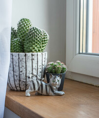 Porcelain cat figurine  on the window sill with cactus plants in mid-century modern pot