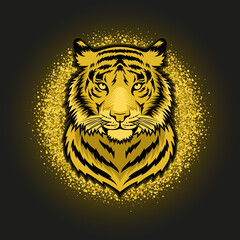 Gold tiger on a black background vector illustration. Symbol of the 2022. New Year greeting card.