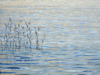 Fototapeta Reeds in the lake. Oil painting. Rest and relaxation. Evening by the water obraz