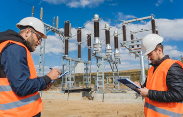 Two engineer electricians check the substation construction process