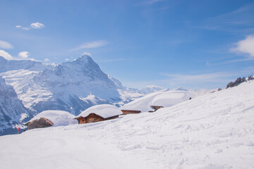 Beautiful panoramic view of snow-capped mountains in the Swiss Alps.Grindelwald, Switzerland, March 22. 2020.