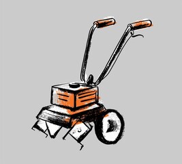 Garden equipment. Cultivator. Illustration in the style of careless sketch and scrapbooking. Vector on an isolated background.