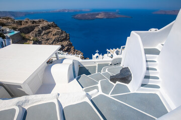 Beautiful details of the island of Santorini, white houses, blue doors and shutters, scenic views...