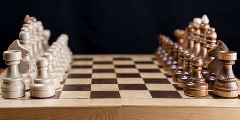 Chess, the beginning of the game. Chess pieces on a wooden chessboard. Advertising on a banner.