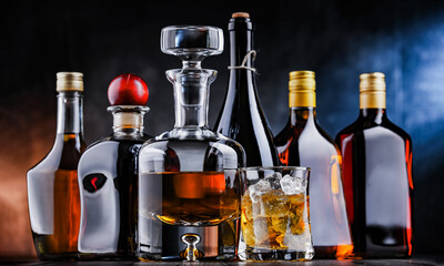 Bottles of assorted alcoholic beverages.