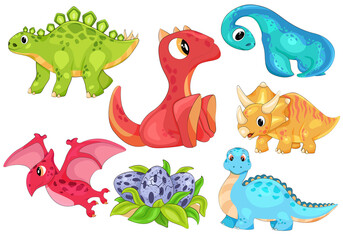 Naklejka premium Set of little cute dinosaurs and dinosaur eggs in the grass. Flat vector illustration isolated on white background.