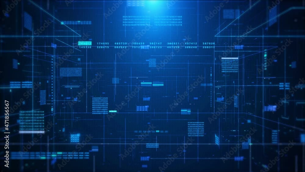 Fototapete HUD Futuristic Virtual Hologram Digital Data Network Connection Infographic Motion. Technology UI Encoder Number Random Element 4K Display Panel.