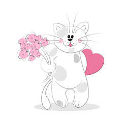 Valentine's day White cat with heart and flowers Suitable for greeting card, invitation, print, poster and flyer. 