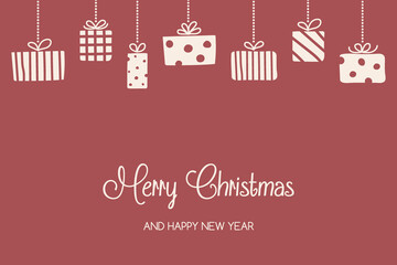 Christmas card with hand drawn present boxes and wishes. Vector