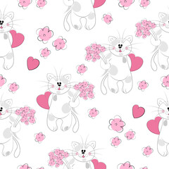 Pattern with white cat, hearts and flowers. Valentine's Day. Suitable for fabric, paper, wallpaper, background. 