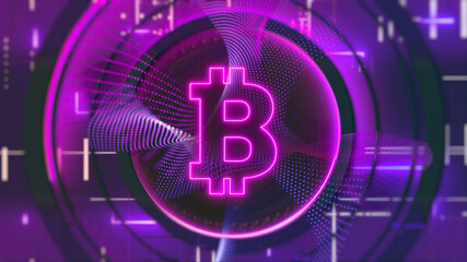Obraz premium Bitcoin (BTC) cryptocurrency symbol crypto mining cyberspace. Blockchain futuristic investment abstract glowing blurred magenta neon 3D background concept.