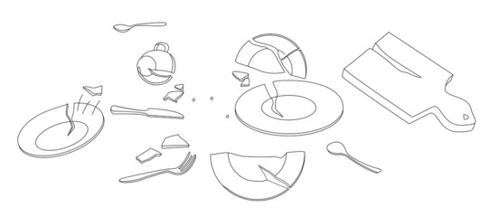 Scattered shards of broken dishes. Scandal. Illustration. Humor