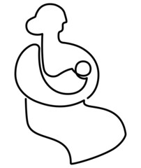 Seated woman with a baby in her arms. Continuous line drawing. Flat design illustration.