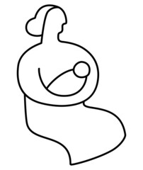 Seated woman with a baby in her arms. Line drawing. Flat design illustration.