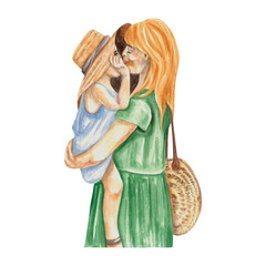 Young woman holding her daughter and kissing. Mother's day watercolor illustration. Family, love, hugs. Summer fashion. Best mom. For greeting cards, posters, invites, albums, t-shirt prints, banner
