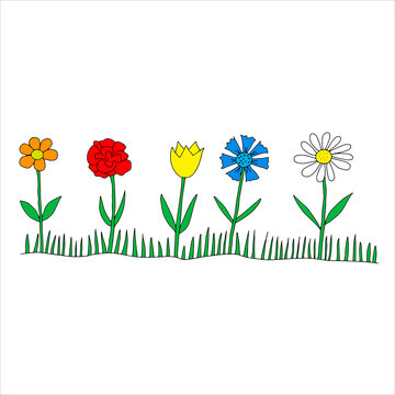 Black Vector illustration of a group of five colored different flowers with leaves and grass isolated on a white background