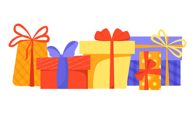 Big pile of colorful wrapped gift boxes. Lots of presents. Flat style vector illustration isolated on white background.