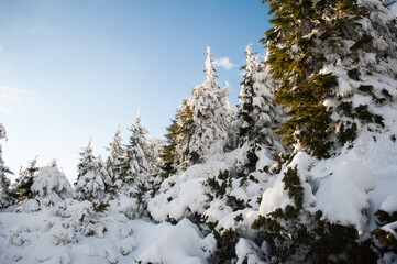 Panorama of snow-capped mountains, snow and clouds on the horizon