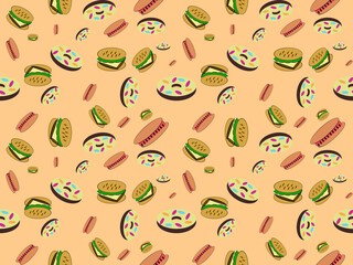 Seamless pattern cartoon characters donuts hamburgers and hot dogs on orange background.