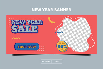 Horizontal banner template. Social media promotion template. New year sale 80s retro post template. memphis social media design. banner template design with space for photo