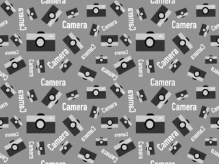 Seamless pattern photography camera cartoon character on gray background