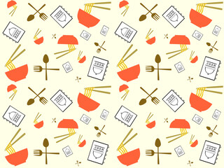 Fototapeta na wymiar Seamless pattern, menu book, noodle bowl and cutlery on a cream background