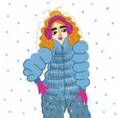 Fashionable image of a girl in a winter down jacket and headphones. Snow is falling.
