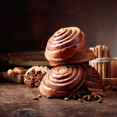 Freshly baked sweet buns sprinkled with cinnamon powder.