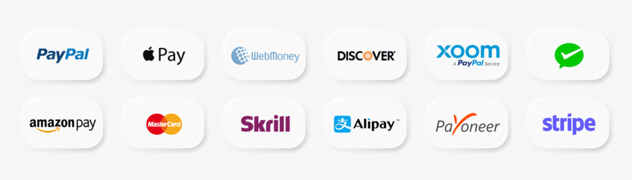 Skrill, Payoneer, PayPal, Mastercard, Amazon pay, Discover, Wechat Pay, Alipay, Webmoney, Stripe, Xoom - popular payment systems. App pay icon. Apple Store button. Kyiv, Ukraine - November 28, 2021