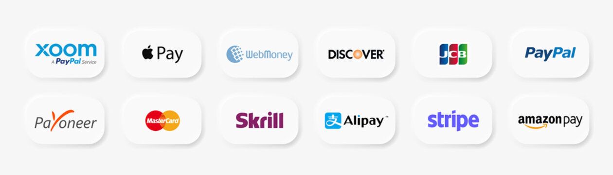 Skrill, Payoneer, PayPal, Mastercard, Amazon pay, Discover, Alipay, Webmoney, Stripe, Xoom, JCB - popular payment systems. App pay icon. Apple Store button. Kyiv, Ukraine - November 28, 2021