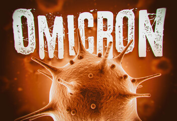 Coronavirus Omicron variant 3d render concept. Macro coronavirus cell and Omicron text in front of blurry virus cells floating on air. The Omicron variant also known as the B.1.1.529 - obrazy, fototapety, plakaty