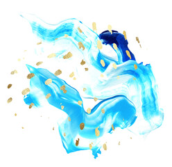 Blue and golden glitter acrylic swash on white background. Paint smear poster composition